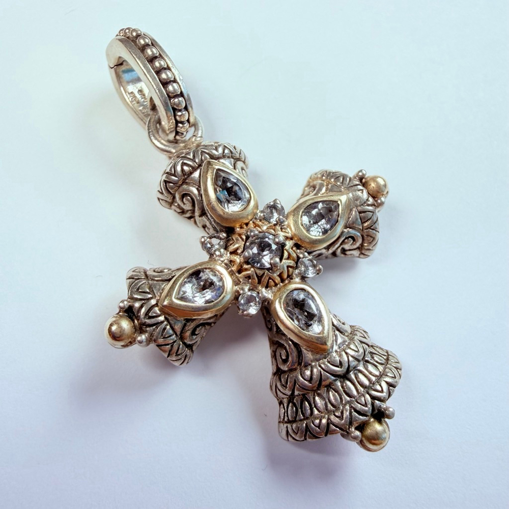 18K Yellow Gold Barbara Bixby White Topaz 925 Sterling Silver Cross Pendant - Picture 2 of 8